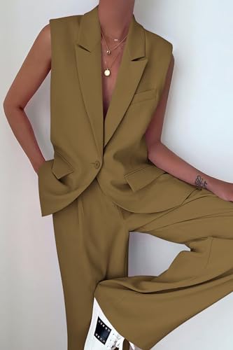 Image of PRETTYGARDEN Women's 2 Piece Outfits Sleeveless Suit Vest and Wide Leg Pants Business Casual Blazer Sets