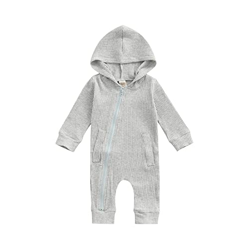 Image of Ynibbim Winter Newborn Baby Boy Girl Solid Romper Unisex Infants Hooded Outfit Clothes Waffle Cotton Button Jumpsuits (Zipper - Grey, 0-3 Months)