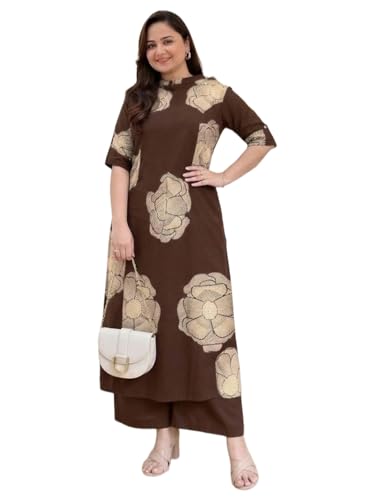 Image of ANNI Designer Women Viscose Blend Straight Fit Printed Kurta Palazzo Set | Mandarin Neck Outfit | Lightweight Breathable Fabric | Comfortable Elegant Styling for Office Casual Wear