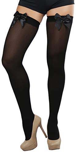 Image of ToBeInStyle Women's Opaque Long Thigh High Stockings w /Decorative Front Satin Bow