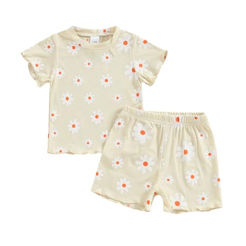 Image of Ayalinggo Baby Girl Summer Outfits Short Sleeve Lettuce Trim Floral Tops + Shorts Set Infant Clothes