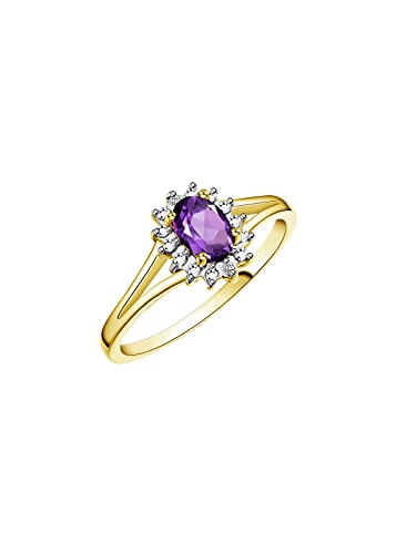 Image of Rylos Halo Ring: Diamond Birthstone with 6X4MM Oval Gemstone - Women's Jewelry in Yellow Gold Plated Silver - Stunning Diamond Ring Sizes 5-10