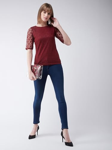 Image of Miss Chase Women's Round Neck Half Sleeves Cotton Lace and Pearl Detailing