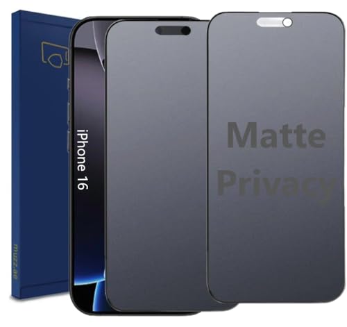 Muzz IPhone 16 Edge to Edge Matte Privacy Tempered Glass, 9H Anti-Shatter, Anti-Scratch, Anti-Glare, Full Screen Coverage, Face ID Compatible, 2 Pack (iPhone 16)