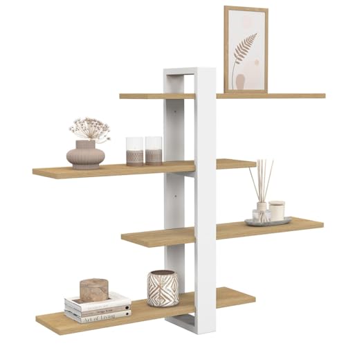 IDMarket - Etagère Murale avec étagères coulissantes ORA 4 Niveaux façon hêtre et Blanc