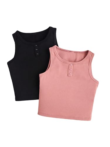 Milumia Girl's 2 Pcs Tank Tops Button Front Crewneck Sleeveless Basic Casual Tops