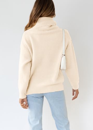Image of Womens Turtleneck Drop Shoulder Sweaters Chunky Knit Long Sleeve Oversized Sweater Fall Winter Pullover Jumper Tops Khaki