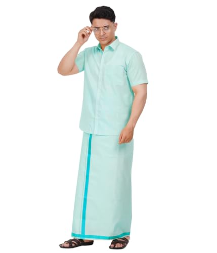 Image of Men's Traditional Indian Shirt and Dhoti Set, Half Sleeves Tissue Silk Cotton Shirt With Dhoti 2 metres for men