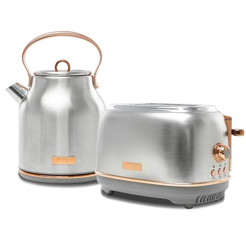 Haden Heritage 4 Slice Wide Slot Stainless Steel Toaster Bundled with 1.7 Liter Stainless Steel Electric Water Kettle, Steel & Copper