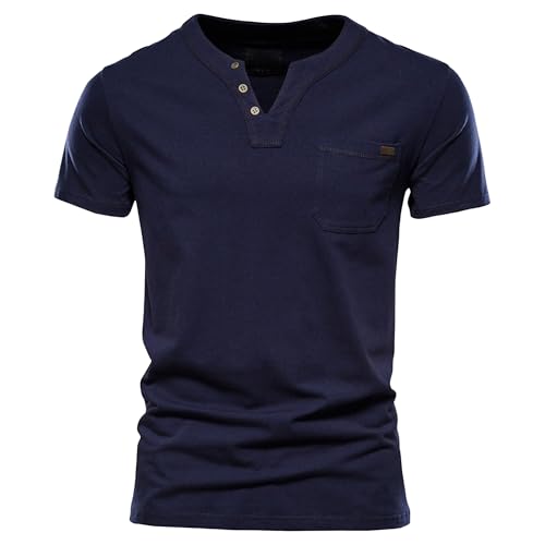 Men Fashion Trendy Slim Sports T-Shirt Cotton Casual Pocket Pullover Tops Summer Quarter Button Short Sleeve Shirts (Dark Blue,XX-Large)