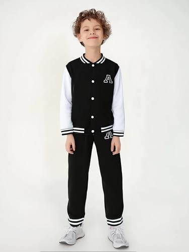 Image of Cakaner Boys Color Block Button Down Shirt and Jogger Pants Button Up Sweatsuits Sets (Size: 5-12T)