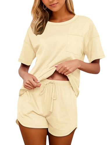 Image of KCW Pajamas for Women Set 2 Piece 100% Cotton Lounge Sets Short Sleeve Top and Shorts Pj Set Sleepwear Outfits
