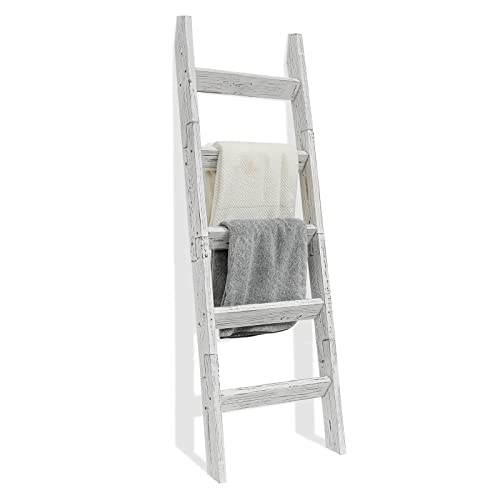 Image of FUIN 5ft Wood Blanket Ladder Living Room Decorative Wall Leaning Farmhouse Quilt Display Holder Storage Wooden Towel Rack for Bathroom, Rustic White