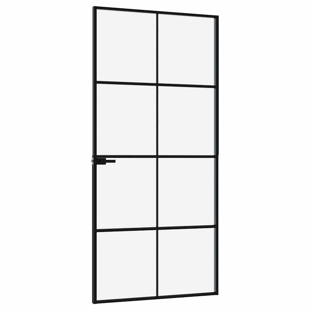 Drzwi wewnętrzne czarne ze szkła hartowanego i aluminium, 93 x 201,5 cm, smukły design z wytrzymałą ramą do salonu, nowoczesne szklane drzwi idealne do przepuszczania światła i stylowego