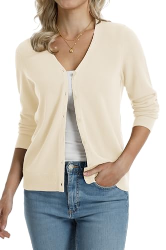 Image of QUALFORT Women's 100% Cotton Lightweight Cardigans Long Sleeve Knitted Button Down Sweater