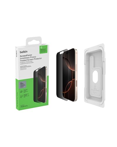 Belkin ScreenForce InvisiGlass Privacy Screen Protector for iPhone17 + iPhone 16 Pro Scratch-Resistant Impact Protection with Included Easy Align Tray for Bubble Free Application Recycled Glass
