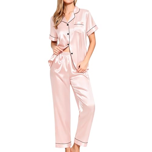 Image of SWOMOG Women Satin Pajamas Set Short Sleeve Top & Pants Sleepwear Silky Button Down Nightwear 2pcs Loungewear Pjs Set