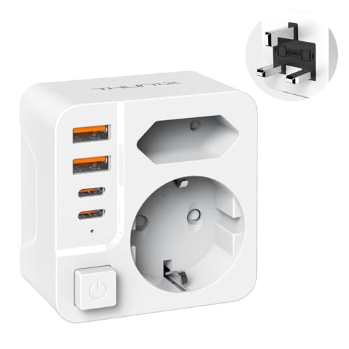 THUNIX Adaptador Enchufe UK, Adaptador de Viaje Irlanda a español con 2 USB C PD20W y 2 USB A, Adaptador Tipo G Europa a 3 Pin Reino Unido para Irlanda Maldivas Dubai Bretaña Singapur HK