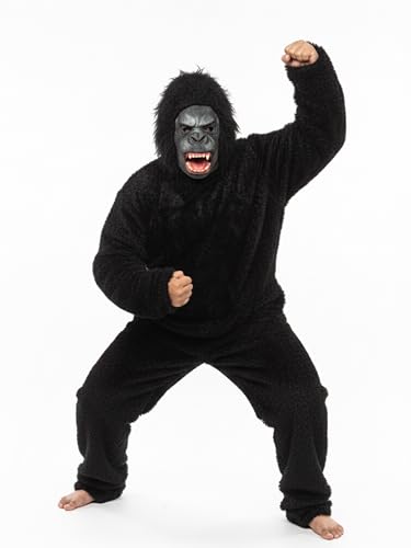 Image of King Kong /Gorilla Costume, Black Furry Full Body Suit with Mask, Hands, Feet for Kids, Adults, Halloween, School Party