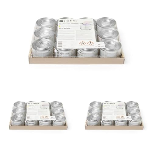 HENDI Pasta combustible, en lata, sin hollín y sin olor, tiempo de combustión ±3 horas, 12 unidades, gel combustible, gel bioetanol, para calentar alimentos, para calientaplatos, chafing dish, 200gr