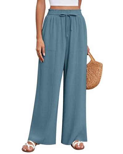 Huukeay Women's Linen Wide Leg Pants, High Waist Flowy Palazzo Pants with Pockets Drawstring Summer Casual Work Trousers(Lake Blue,Large)