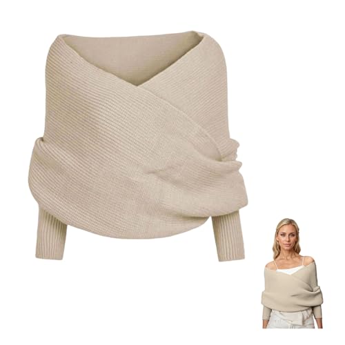 Knitted Scarf with Sleeves for Women Multifunctional Shrugs Sweater Wrap Fall Winter Fashion Crochet Cape Shawl (Beige,94.4in/240cm)
