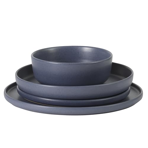Image of Gibson Elite Bayou Moon Plates and Bowls Sets, 16-Piece Blue Matte Stoneware Dinnerware Sets, Solid Color Reactive Glaze Dish Set