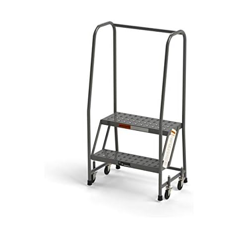 EGA Products 2 Step Rolling Ladder Step Stool with Handrails 24" Wide Perforated Treads Deep 19" Top Step 450 lbs Capacity Made in USA Cover