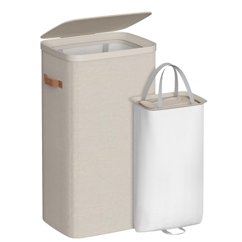 Image of SONGMICS Laundry Basket, 26.4 Gal. Laundry Hamper, Easy Assembly, with Lid and Handles, Removable Liner, 16.5 x 12.6 x 29.5 Inches, Cappuccino Beige ULCB811LH01