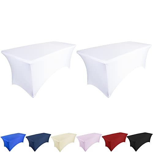 Ocves Stretch Tablecloth 6FT Spandex Table Covers 2 Pack Polyester Fitted Rectangular Stretchable Table Cover Wedding Party Cocktail Craft Exhibitions Washable Table Cover White 6ft (2pcs)