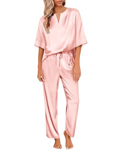 Image of Ekouaer Mens Satin Pajamas Set Button-Down Short /Long Sleeve Shirt Top Soft Silk Sleepwear Loose Pocket Pant Loungewear