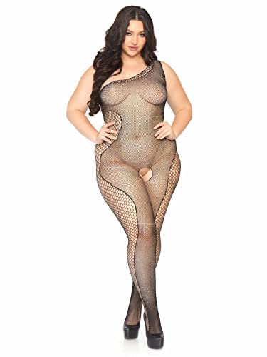 Leg Avenue Bodystocking Asymétrique Résille avec Cristaux Noir Taille 1X-2X