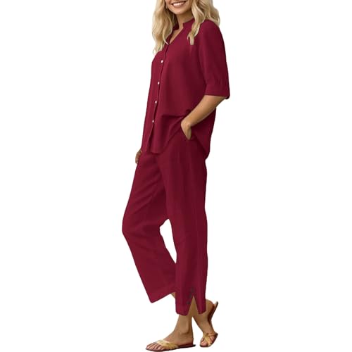 Tenues 2 pièces en coton et lin bordeaux M pour femme
