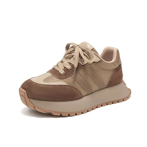 BEAU TODAY Fashion Sneakers for Women, Casual Walking Sneakers for Women, Genuine Leather Chunky Platform Retro Sneakers, Comfortable Non-Slip Tennis Running Shoes