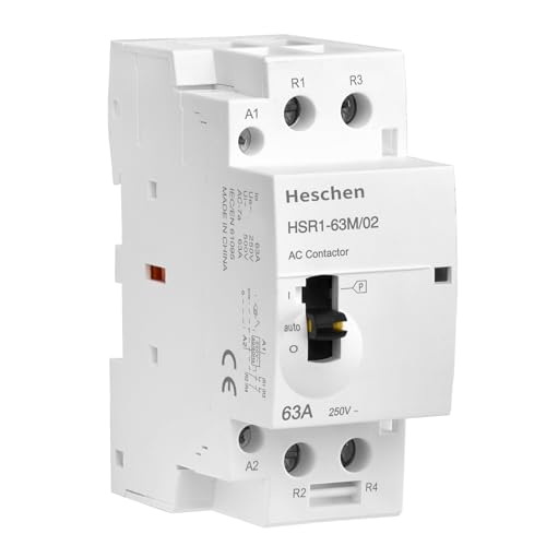 Heschen Contactor de CA modular para el hogar, HSR1-63M/02, 63 A, 2 polos, 2 NC, dos normalmente cerrados, bobinas de 220 VAC, montaje en carril DIN de 35 mm, con interruptor de control manual