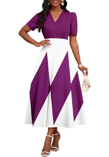 Image of MarryUP Women's Midi Dresses - V Neck Cocktail & Church Tea Dresses - Short Sleeve A-Line Swing Dress