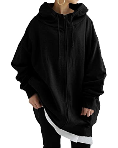 [Ｍｉｎｅｓａｍ] ジップパーカー レディース オーバーサイズ ロングパーカー フード付き ゆったり コート ビッグシルエット 大きいサイズ 秋 01 ブラック 5XLのサムネイル