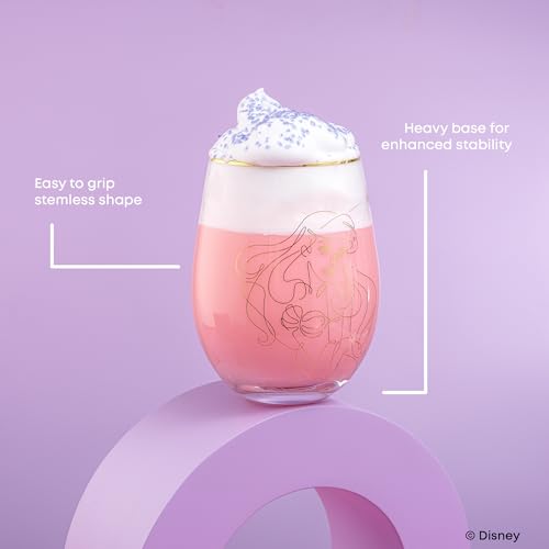 Image of JoyJolt Disney Princess Sketch Stemless Drinking Glasses, 19oz Glass Cups ft Princess Jasmine Ariel Belle Cinderella, Disney Princess Kitchen Glassware Set of 4, Disney Gifts for Adults