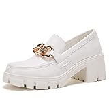 TINSTREE White Platform Loafers, Business Casual Shoes, Comfortable Fashion Chain Women's Loafers with Nail Black Flats, Slip On Loafers, Size 08