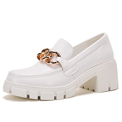 Image of TINSTREE Platform Loafers for Women with Chain Comfort Chunky Heel Slip On Round Toe Business Work Shoes
