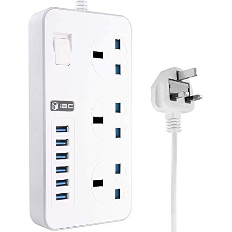 iBlockCube Power Strips Extension Lead UK Hole 2M, 6 USB Wall Plug Adapter, 3 Way Cable Surge Protector, Fuse & Shutter 3 Gang Extension Cable 6.5FT Cord UK Plug(White) Cover