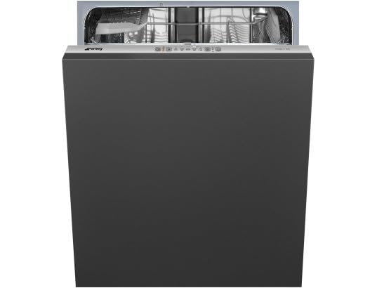 Energy label for SMEG STL281DS dishwasher, showing energy efficiency class D, 84 kWh/100 cycles, 13 place settings, 12.0 L water, 3:35 program duration, and 48 dB noise level.