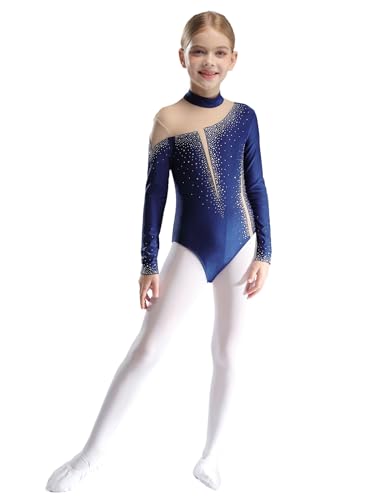 Oyolan Maillot Brillant De Gimnasia Ritmica Niña Leotardo Manga Larga Mono De Baile Elástico Disfraz Bailarina De Fiesta Actuación Azul marino 13-14 años