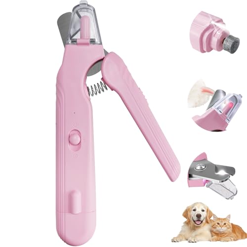2-in-1 Dog & Cat Nail Clippers and Grinder with Light, Safety Guard, Painless Quiet Pet Nail Claw Trimmers, USB Rechargeable Pet Nail Trimmer, for Large Medium Small Dogs Cats Claw Trimmer, Pink