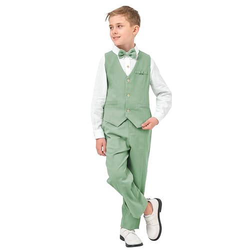 LOLANTA 4STK Pagen Jungen Anzug Leinen Weste Hose Hochzeitsanzug, Kinderweste Set, Taufe Zeremonie Prom Geburtstag Partykleidung, Grün, 7-8 Jahre, 130