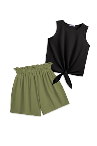 Image of Arshiner Girl's 2 Piece Outfits Tie Knot Tank Top and Paperbag Waist Summer Short Sets With Pocketed