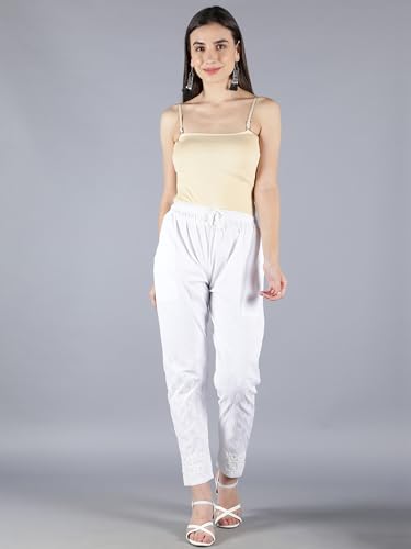 Image of Seva Chikan Hand Embroidered Lucknowi Chikankari White Cotton Palazzo Pant for Women SCL11016