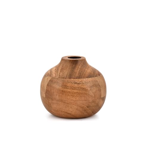 Mahasu Vases Acacia Wood Small Round Hand-Carved | Handmade Vase | Handmade Home Office Table Vase (4 X 4 X 4)