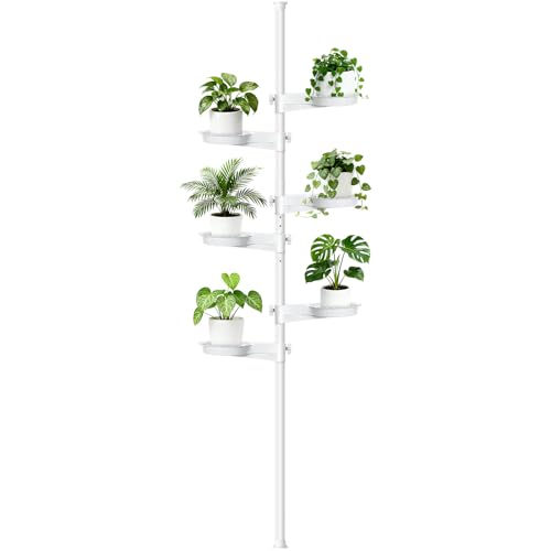 Zononoca Tension Rod Plant Stand Plant Poles for Hanging Plants Indoor 6 Tier Tension Pole Plant Hanger Floor to Ceiling Plant Pole with 6 Trays Hanging Plant Stand (White)