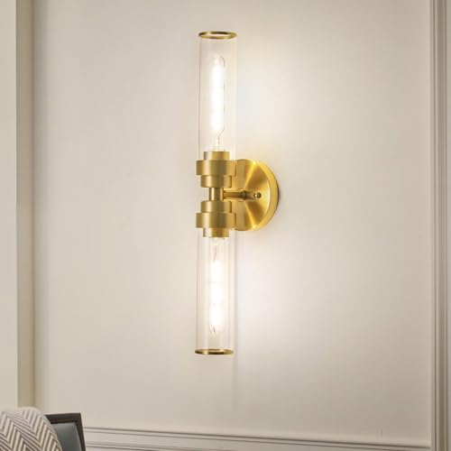 Image of Modern Bathroom Light Fixtures 2 Lights Above Mirror Gold Vanity Light 20 Inch Clear Glass Wall Sconce for Living Room, Bedroom, Bathroom, Kitchen and Hallway